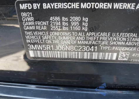 2022 BMW 330I из США, поврежденный, VIN 3MW5R1J06N8C23041